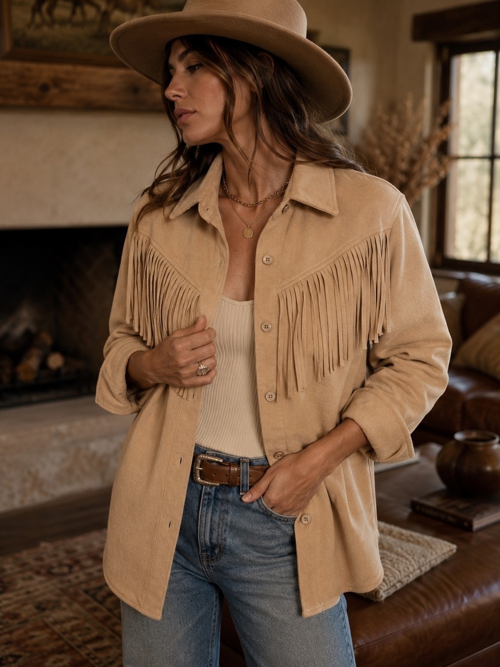 Papillon Fringe Shacket Beige XS Western Boho Overshirt Ranch Festival Chic